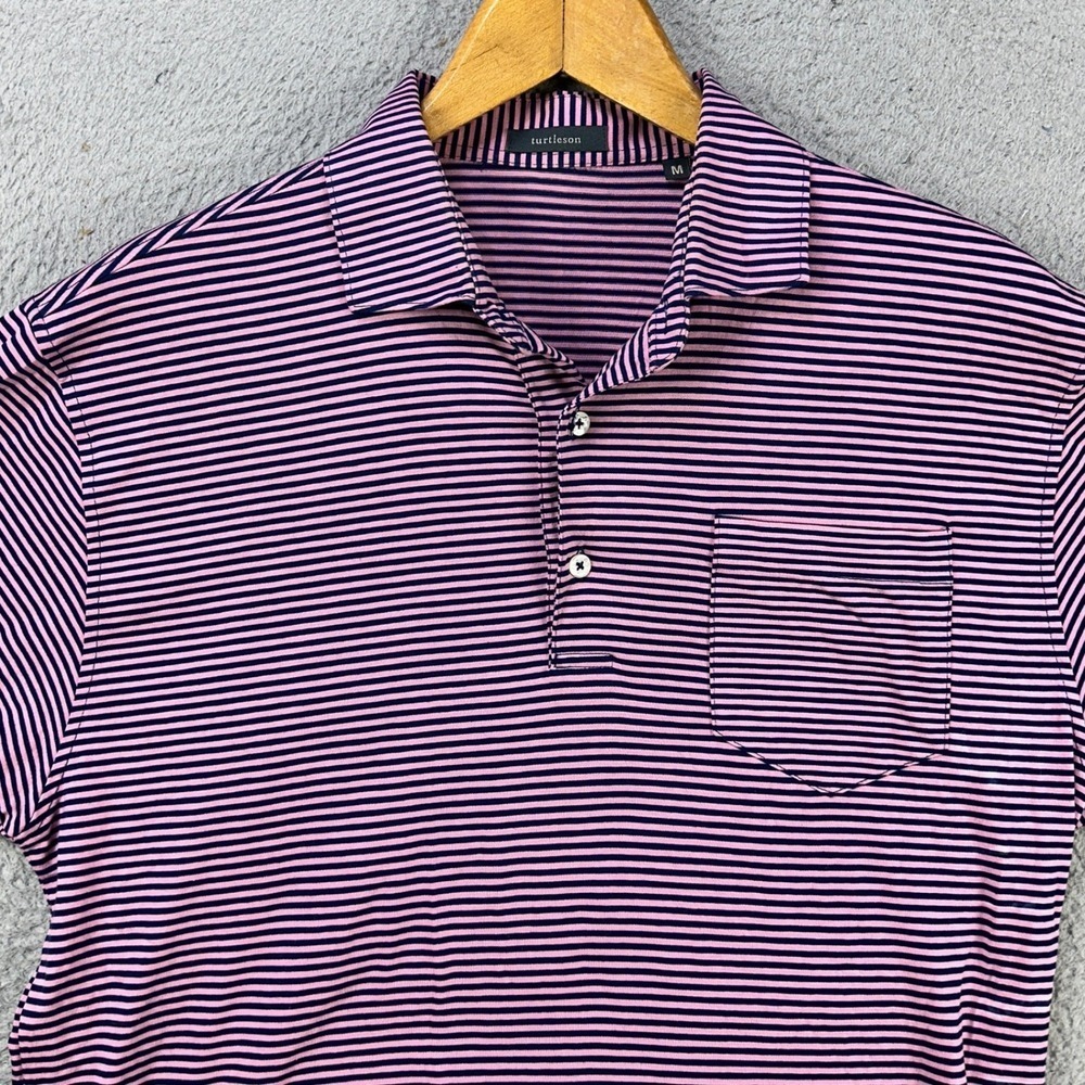 Turtleson Shirt Golf Polo Men Medium Pink Black Stripe Rugby Short Sleeve Pocket